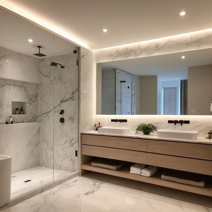 Baño premium con doble bacha y revestimiento tipo mármol